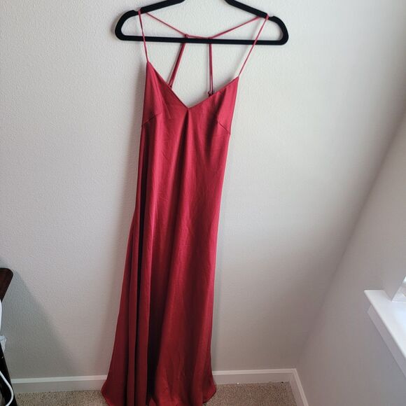 Bcbg Max Azria Red Satin Open Back A-Line Slip Long Maxi Cocktail Dress Nwt 8 - Picture 3 of 10